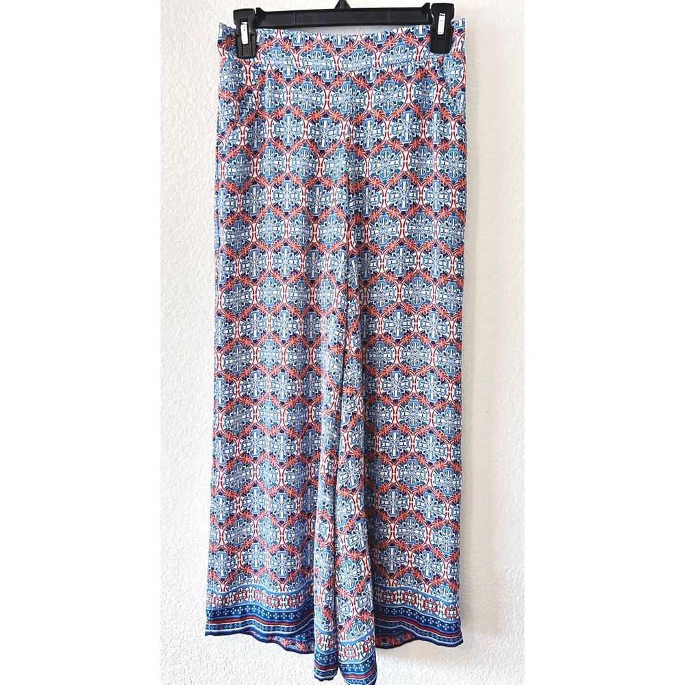 Max Studio Women Blue Red Geometric Tile Print Wide Leg Smocked Pants SZ S